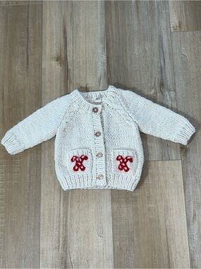 Huggalugs Kid’s Hand Knit Candy Cane Cardigan Sweater Size 12-18 Months